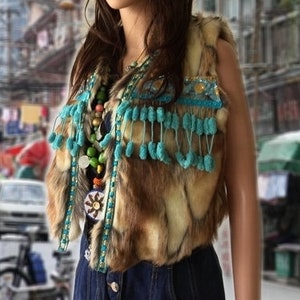 Boho faux fur Gilet Body warmer with Turquoise fringe image 3