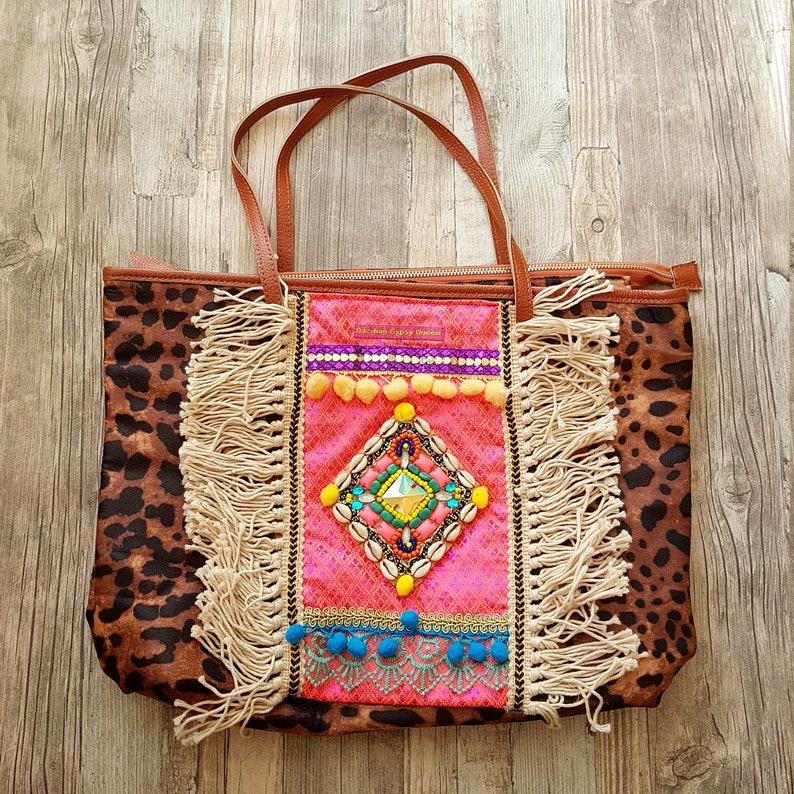 Boho Bag African Style Panther Print Colorful Bohemian Beach Bag Handmade Traditional Wedding Gift For Her image 2