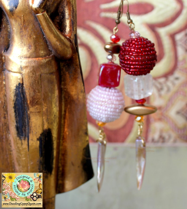 Bohemian Gypsy A-symmetric Chandelier earrings in red and Pink Bohemian jewelry & African jewelry image 4