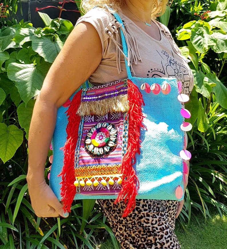 Boho Bag Turquoise African Style Pink Colorful Bohemian Beach Bag Handmade Traditional Wedding Gift For Her image 4