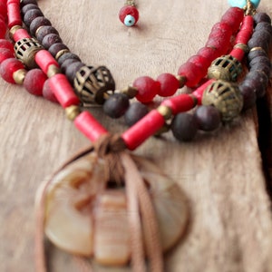 Gypsy Necklace In Red And Turquoise With Ghana Brass Beads And Bone Mask Pendant Bohemian Jewelry image 2