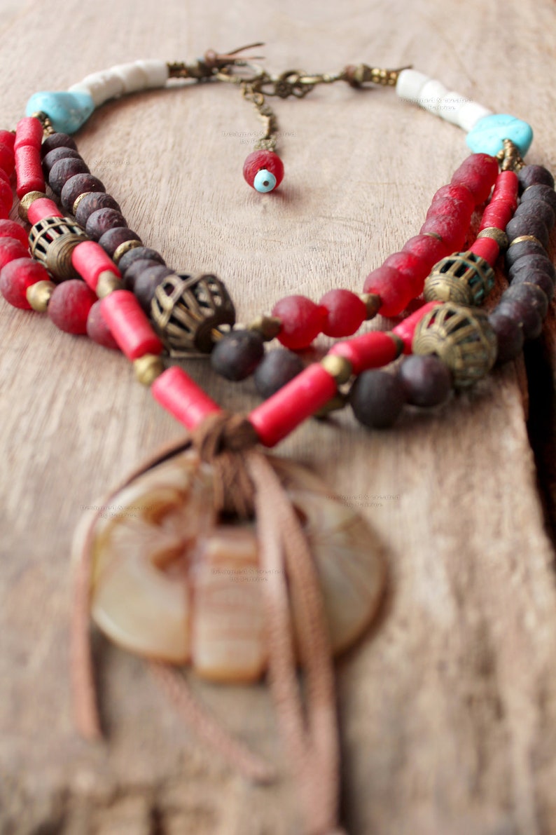 Gypsy Necklace In Red And Turquoise With Ghana Brass Beads And Bone Mask Pendant Bohemian Jewelry image 2