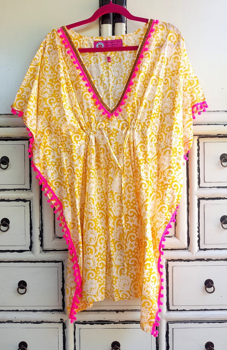 Boho Beach Dress Yellow Pink PomPoms Bohemian Artistic Traditional Handmade Tribal Anniversary Birthday Gift for Her image 1