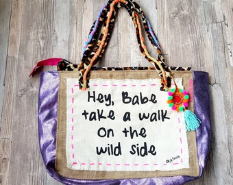 Boho Bag Colorful Bohemian Beach Bag With Funny Quote Hey Babe Handmade Wedding Gift For Her Boho Style Gift