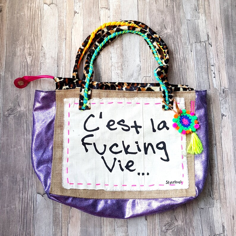 Boho Bag Colorful Bohemian Beach Bag With Funny Quote Cest la Vie Handmade Wedding Gift For Her Boho Gift image 1