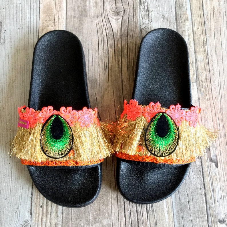 Boho Summer Slipper Slides Size 40 with beads Boho summer sandals with feathers Boho Beach slides Ibiza Style summer Sandals handmade image 2