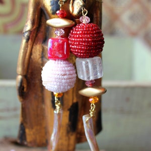 Bohemian Gypsy A-symmetric Chandelier earrings in red and Pink Bohemian jewelry & African jewelry image 2