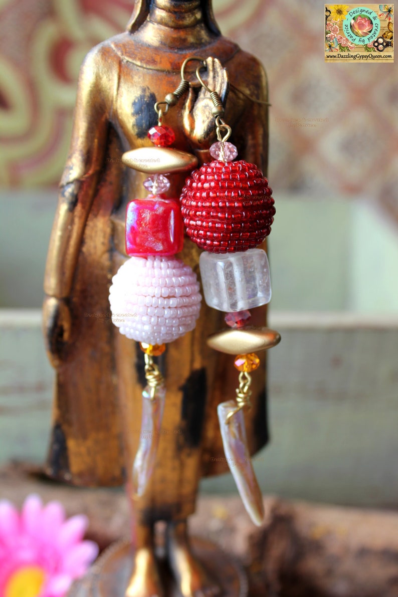 Bohemian Gypsy A-symmetric Chandelier earrings in red and Pink Bohemian jewelry & African jewelry image 2