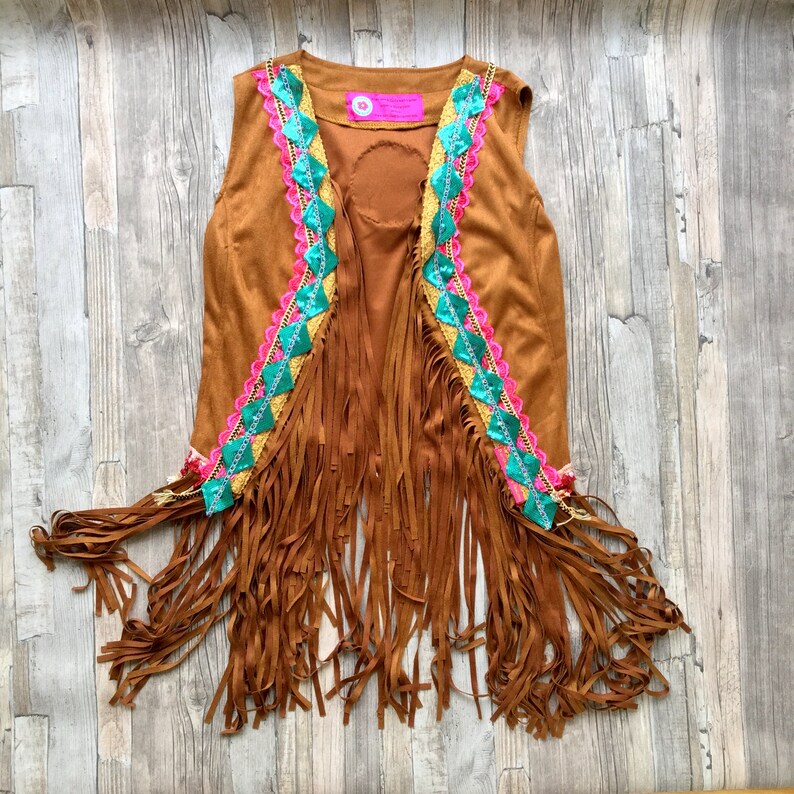 Boho Gilet of Faux Suede with Fringe and Colorful Applications Bohemian Artistic Traditional Handmade Anniversary Birthday Gift for Her image 1