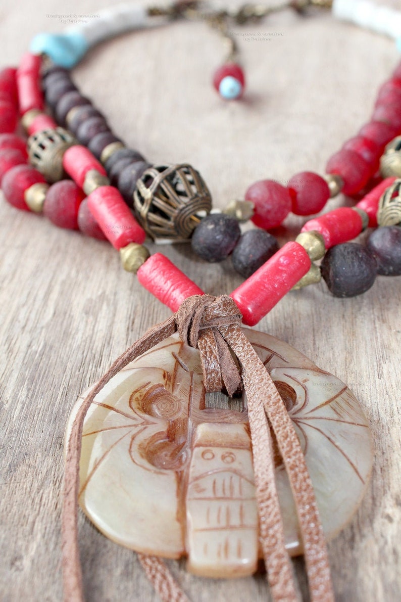 Gypsy Necklace In Red And Turquoise With Ghana Brass Beads And Bone Mask Pendant Bohemian Jewelry image 1