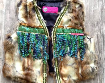 Boho faux fur Gilet Body warmer with Turquoise fringe