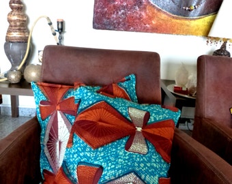 African wax printed fabric pillow cover in Turquoise & Brown