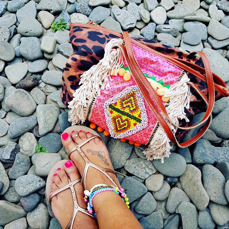 Boho Bag African Style Panther Print Colorful Bohemian Beach Bag Handmade Traditional Wedding Gift For Her image 4