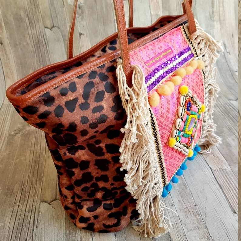 Boho Bag African Style Panther Print Colorful Bohemian Beach Bag Handmade Traditional Wedding Gift For Her image 3