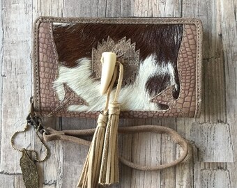 Leather wallet with Goatskin, Boho leather wallet with fringe and stone