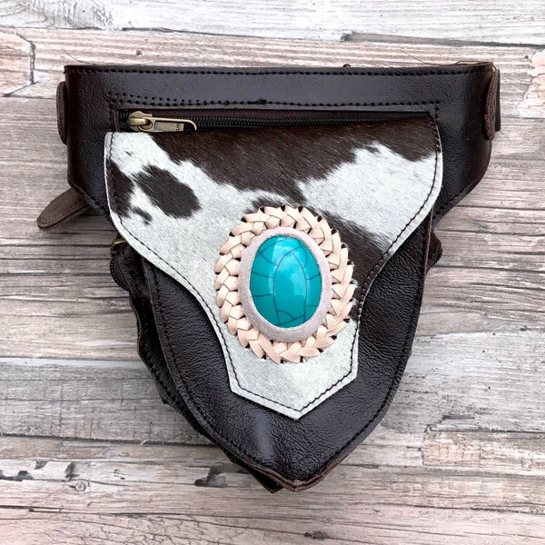 Leather Hip Bag Gypsy Festival Bag - Boho Fanny Pack - Waist Bag With Turquoise Stone - Bohemian fanny Pack - Handmade  leather moneybelt