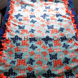 Handmade Butterfly Fleece Throw Blanket: Orange & Blue, Extra Long