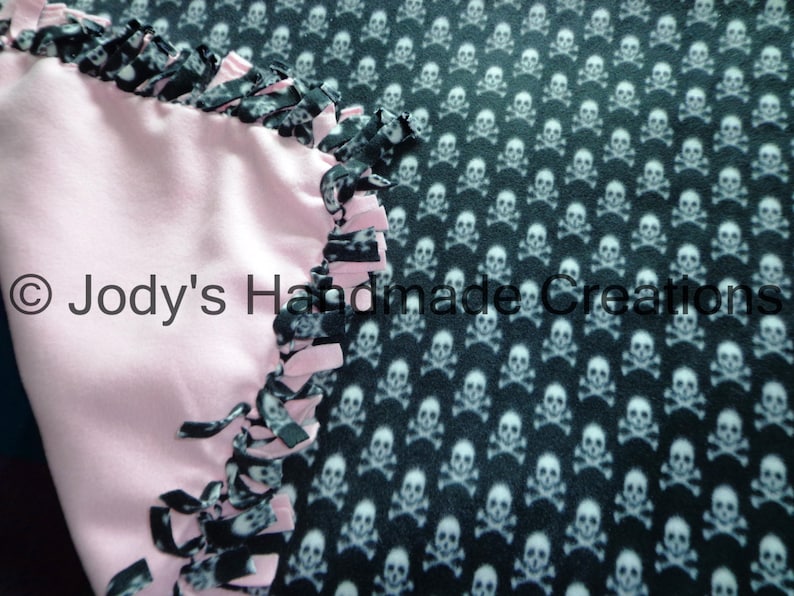 Large Handmade Fleece Tied Throw Blanket 54 X 66 Light Pink Back Skull and Crossbones Front Warm Soft FREE SHIPPING