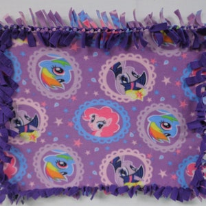 Tied Fleece Security Blanket / Pet Blanket/ Doll Blanket / My Little Pony / Dark Purple Back 19 x 24