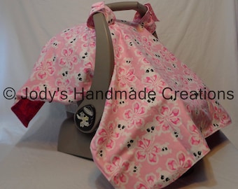 Pink Skulls & Flowers Baby Car Seat Canopy – Handmade Cotton Cover