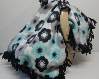 Teal Floral Baby Car Seat Canopy, Black Fleece Backing
