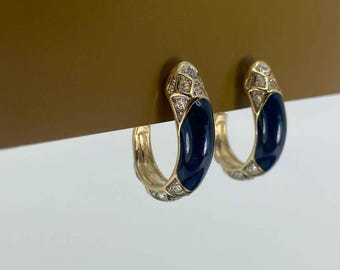 Vintage Pierre Lang Navy Blue Enamel Crystal Hoop Earrings 1980s Gold Plated