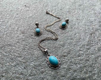 Conjunto de collar y pendientes vintage de plata de ley con turquesas – Joyería de plata 925