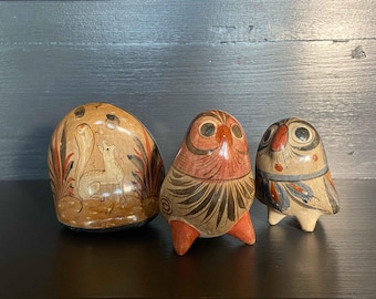 Mexican Tonala Ceramic Owl Figurines Set of 3 Vintage Signed