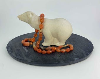 Vintage Carnelian Agate Beaded Necklace Brass Clasp Orange Red Mid Century