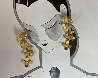 Vintage Oscar de la Renta Gilt Blossom Pearl Earrings Gold Floral Drop Dangle