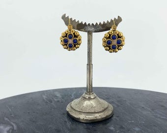 Vintage 1980s Zoe Coste Paris Etruscan Revival Gold Cobalt Blue Cabochon Earrings