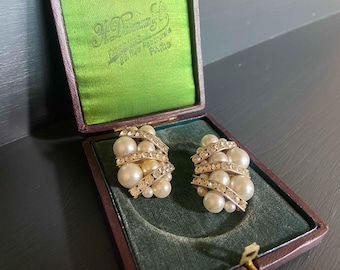 Pendientes vintage de clip con perlas de imitación y diamantes de imitación: joyería nupcial de los años 50