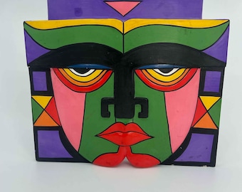 Laurel Burch Wooden Tribal Mask Hand Painted Purple Wall Hanging Home Decor