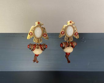 Gold plated Zoe Coste Thunderbird clip on earrings, vintage 1980s statement jewelry
