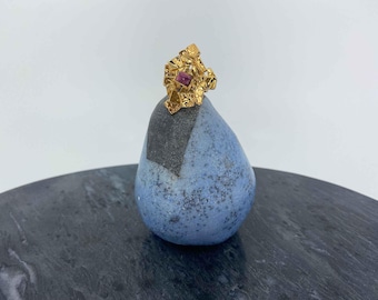 Cecile Jeanne Paris Brutalist Ring 24K Gold Plated Purple Glass Statement Ring Adjustable