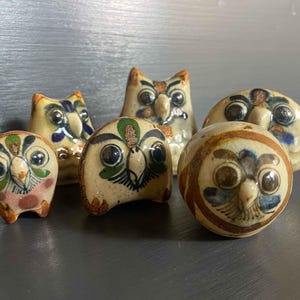 Set of 6 Vintage Signed Jorge Wilmot Tonala Pottery Owl Figurines Mexican Art