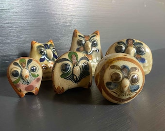 Set of 6 Vintage Signed Jorge Wilmot Tonala Pottery Owl Figurines Mexican Art