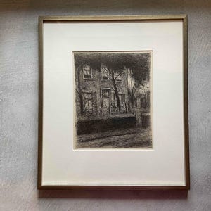 Gravure originale Johann Eduard Karsen, scène de village hollandaise signée, encadrée oeuvre d'art graphique hollandaise vintage env. 1900