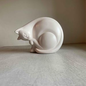 Large Minimalist Ceramic Cat Figurine White Modern Decor 1980s Sculptural Animal Statue Mid Century Inspired