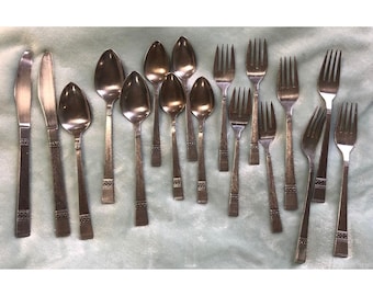 Vintage  IIC Imperial Stainless flatware lot Japan Mid Century Scroll Crosshatch