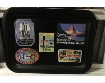 Vintage painted metal tray decoupage travel luggage sticker design