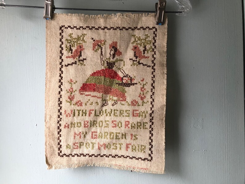 Vintage Cross Stitch Sampler Garden Poem Quote Girl Dress Etsy
