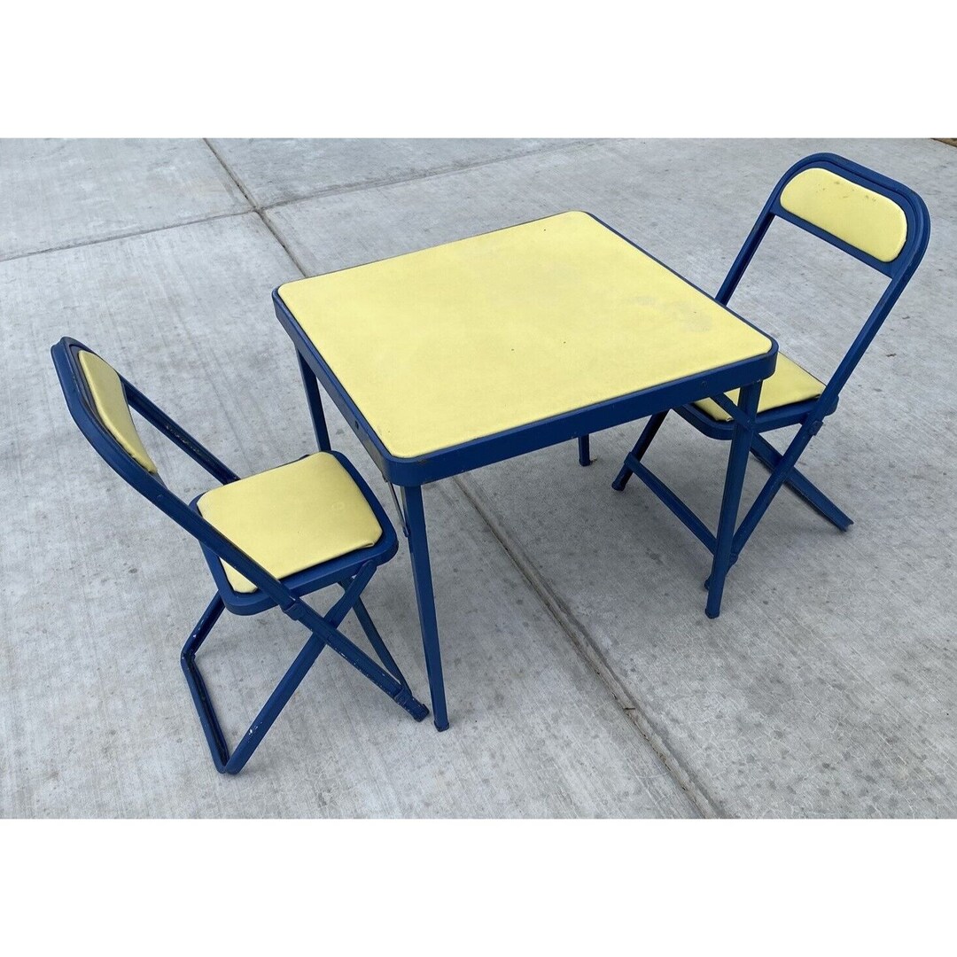 Vintage Child's Table and Folding Chair Set Blue Yellow Metal Mid