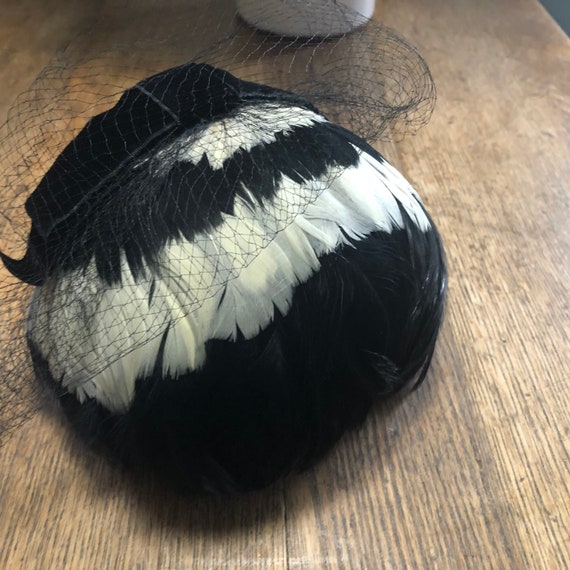 Vintage Fascinator Feather Netting Black White - image 2