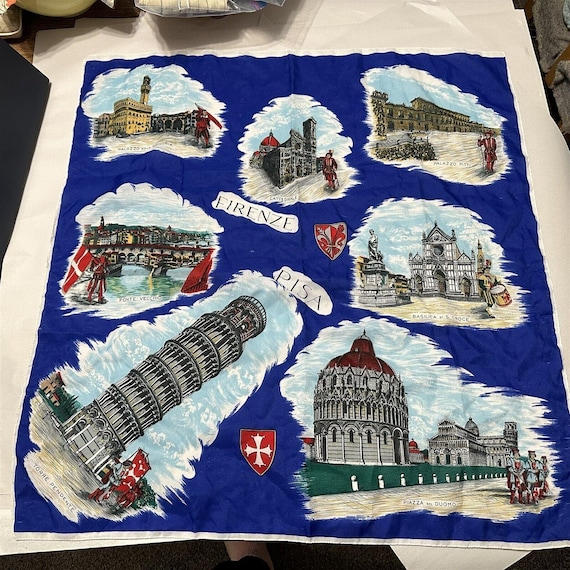 Vintage  ITALY Souvenir Scarf 30" Square Firenze Pisa Landmarks