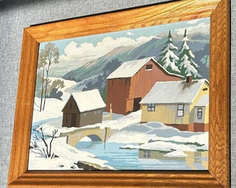 Vintage Painting Paint By Number Winter Country Scene Barns Bridge Craftmaster
