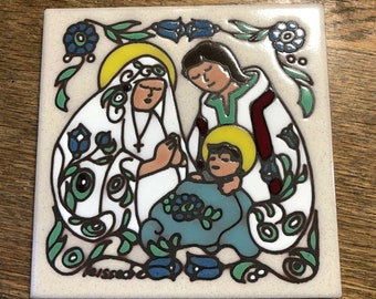 Cleo Teissedre Pottery Tile Coaster Trivet Wall Decor Nativity Holy Family USA