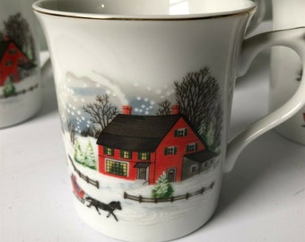 Andrea by Sadek COFFEE MUGS Horse Sleigh Snow Porcelain Japan Gold  Label Set of 4