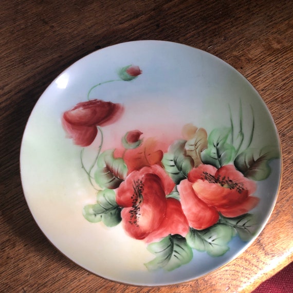 Porcelain Plate HR BAVARIA Hand Painted Red Poppies Gold Rim