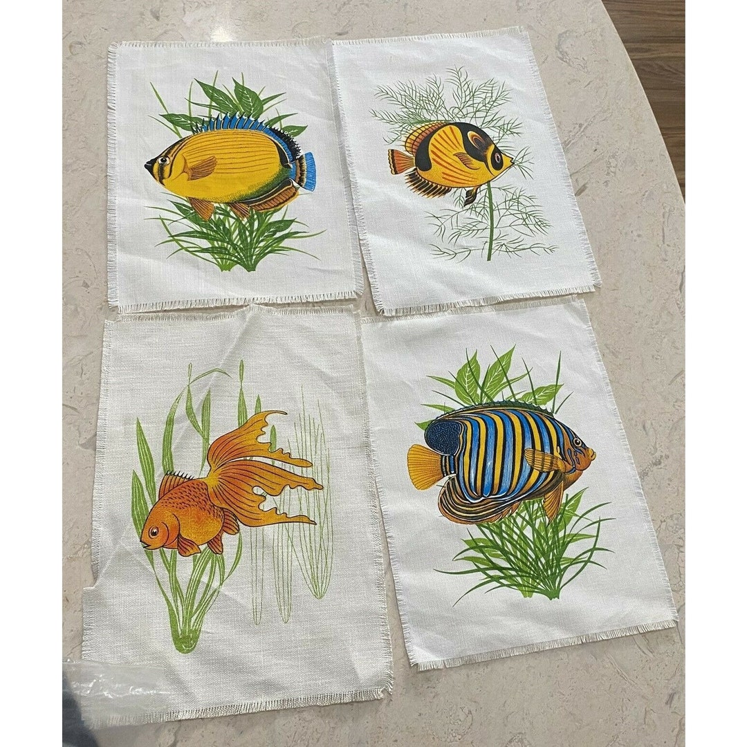 Vintage Tropical Fish Screenprint Fabric Art Table Topper Linens Set of ...